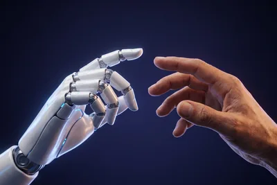 Editorial illustration showing a white robotic hand reaching toward a human hand against a dark blue background