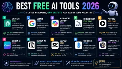 Seven free AI tools arranged on a clean digital workspace