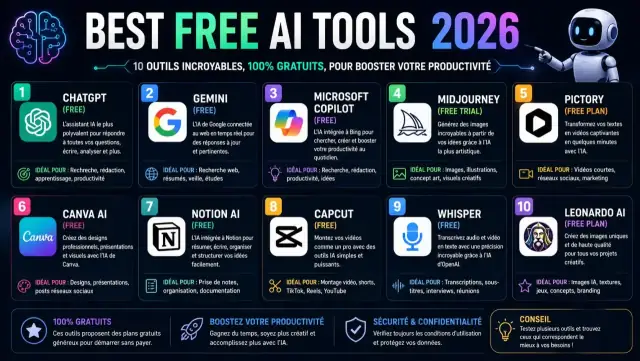 Sept outils IA gratuits sur un espace de travail numérique