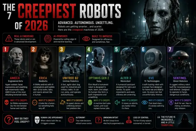 Four uncanny humanoid robots standing in dramatic light