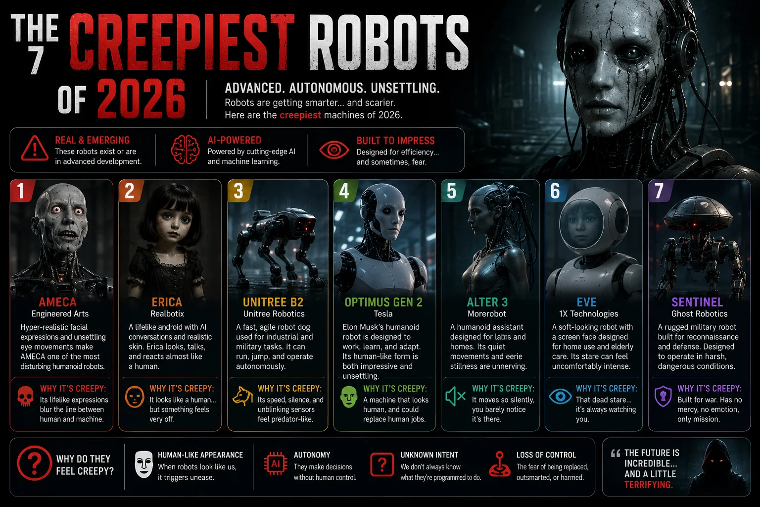 Four uncanny humanoid robots standing in dramatic light