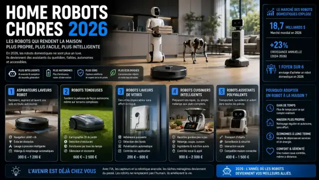 Robots domestiques nettoyant le sol et manipulant de la vaisselle