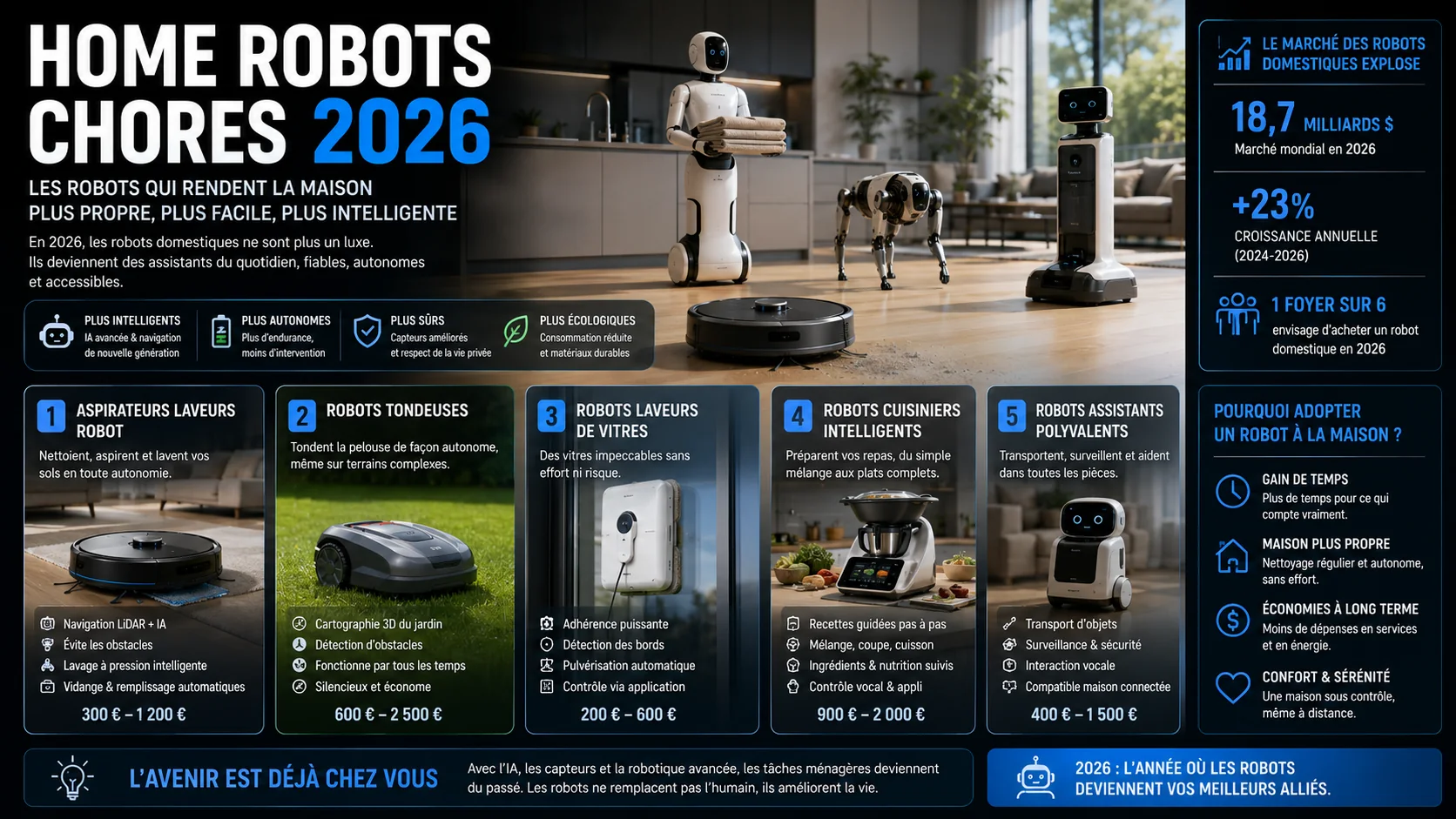 Home robots cleaning floors and handling dishes in a modern kitchen