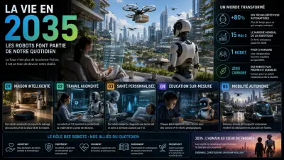 Ville réaliste de 2035 avec robots de service et mobilité électrique