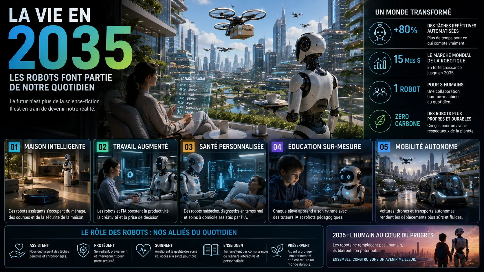 A realistic 2035 city with service robots and electric mobility