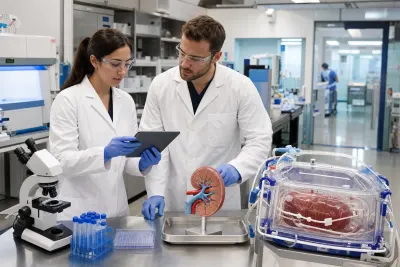 Researchers in a clinical laboratory studying cell cultures and a medical model