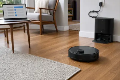 Aspirateur robot avec lidar nettoyant des miettes près d'un tapis et de sa station