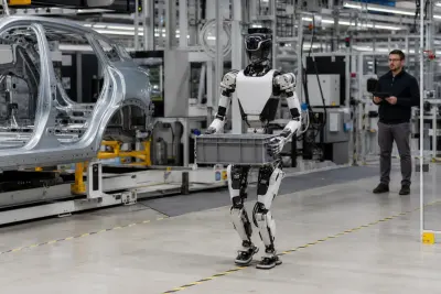 Humanoid robot carrying a tote in an automotive factory while an engineer supervises