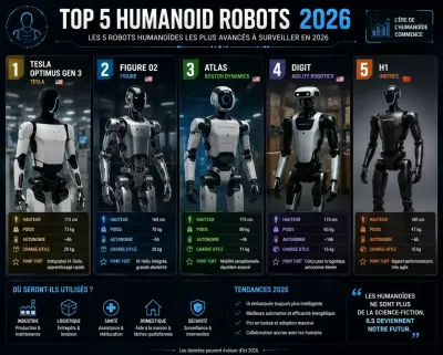 Five humanoid robots compared in a futuristic laboratory